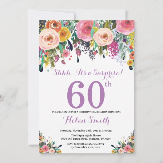 Floral Surprise 60th Birthday Invitation Paars Kaart (Voorkant)