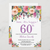 Floral Surprise 60th Birthday Invitation Paars Kaart (Voorkant / Achterkant)