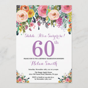 Floral Surprise 60th Birthday Invitation Paars Kaart