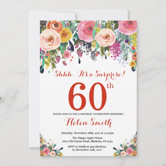 Floral Surprise 60th Birthday Invitation Red Kaart (Voorkant)