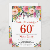 Floral Surprise 60th Birthday Invitation Red Kaart (Voorkant / Achterkant)