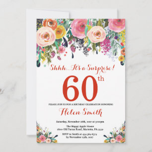 Floral Surprise 60th Birthday Invitation Red Kaart