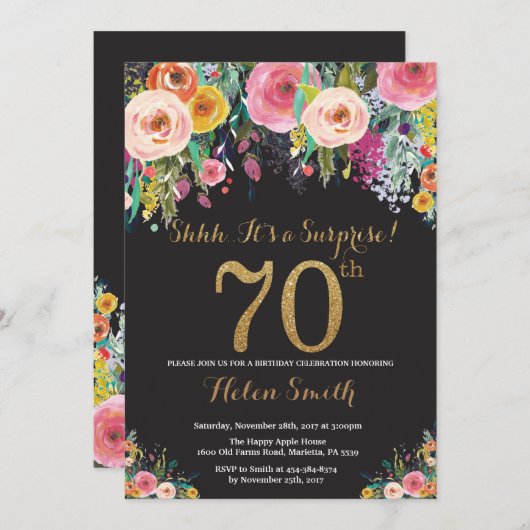 Floral Surprise 70e verjaardag uitnodiging goud (Voorkant / Achterkant)