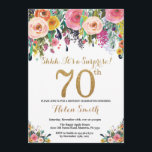 Floral Surprise - 70th Birthday Invitation Gold Kaart<br><div class="desc">Floral Surprise 70th Birthday Invitation for Women. Waterverf Floral Flower. Gold Glitter. Roze,  geel,  Oranje,  Paars ventilator. Volwassen verjaardag. Voor verdere aanpassing,  te klikken gelieve de knoop "van de Aanpassing het"en ons ontwerphulpmiddel te gebruiken om deze sjabloon te wijzigen.</div>