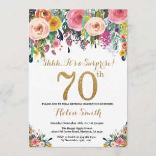 Floral Surprise - 70th Birthday Invitation Gold Kaart