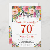 Floral Surprise 70th Birthday Invitation Red Kaart (Voorkant / Achterkant)
