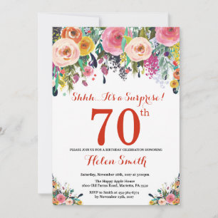 Floral Surprise 70th Birthday Invitation Red Kaart