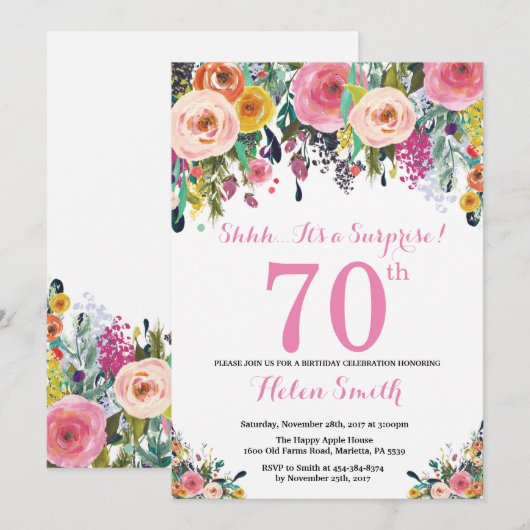 Floral Surprise 70th Birthday Invitation roze Kaart (Voorkant / Achterkant)