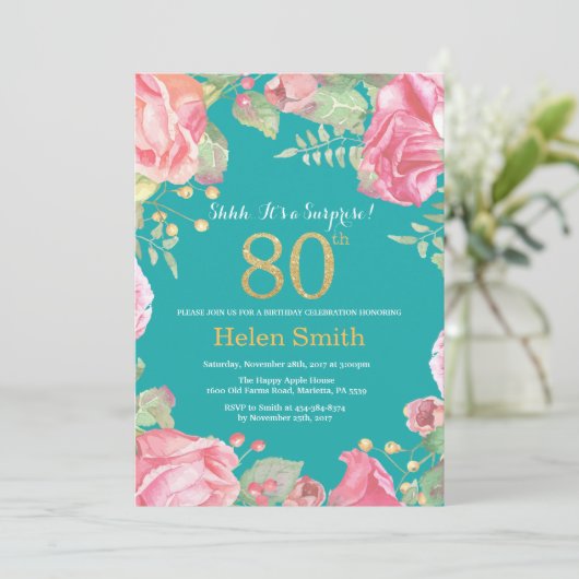 Floral Surprise 80ste Verjaardag Goud en Blauwgroe Kaart (Staand voorkant)