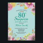 Floral Surprise 80ste verjaardagsuitnodiging Blauw Kaart<br><div class="desc">Floral Surprise 80ste verjaardag uitnodiging voor vrouwen. Waterverf Floral,  Blauwgroen Aqua Turquoise achtergrond. Voor verdere aanpassing klikt u op de knop "Aanpassen" en gebruikt u onze ontwerptool om deze sjabloon te wijzigen.</div>