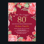 Floral Surprise 80th Birthday Gold Burgundy Red Kaart<br><div class="desc">Red Floral Surprise 80th Birthday Invitation for Women. Waterverf botanische bloem. Gold Glitter. Roze pinda's Floral Flowers. Volwassen verjaardag. Burgundy Red Background Voor verdere aanpassing,  te klikken gelieve de knoop "van de Aanpassing het"en ons ontwerphulpmiddel te gebruiken om deze sjabloon te wijzigen.</div>