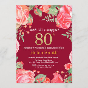 Floral Surprise 80th Birthday Gold Burgundy Red Kaart