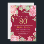 Floral Surprise 80th Birthday Gold Burgundy Red Kaart<br><div class="desc">Floral Surprise 80th Birthday Invitation for Women. Waterverf botanische bloem. Gold Glitter. Roze pinda's bloemen. Volwassen verjaardag. Burgundy Red Background Voor verdere aanpassing,  te klikken gelieve de knoop "van de Aanpassing het"en ons ontwerphulpmiddel te gebruiken om deze sjabloon te wijzigen.</div>