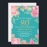 Floral Surprise 80th Birthday Gold en Blauwgroen Kaart<br><div class="desc">Floral Surprise 80th Birthday Invitation for Women. Waterverf botanische bloem. Gold Glitter. Roze pinda's Floral Flowers. Volwassen verjaardag. Blauwgroen Aqua Turquoise Achtergrond. Voor verdere aanpassing,  te klikken gelieve de knoop "van de Aanpassing het"en ons ontwerphulpmiddel te gebruiken om deze sjabloon te wijzigen.</div>
