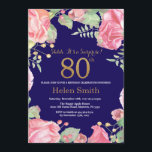 Floral Surprise 80th Birthday Gold Glitter Blue Kaart<br><div class="desc">Floral Surprise 80th Birthday Invitation for Women. Waterverf botanische bloem. Gold Glitter. Roze pinda's Floral Flowers. Volwassen verjaardag. Navy Blue Background Voor verdere aanpassing,  te klikken gelieve de knoop "van de Aanpassing het"en ons ontwerphulpmiddel te gebruiken om deze sjabloon te wijzigen.</div>