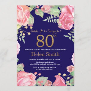 Floral Surprise 80th Birthday Gold Glitter Blue Kaart