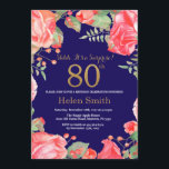Floral Surprise 80th Birthday Gold Glitter Blue Kaart<br><div class="desc">Red Floral Surprise 80th Birthday Invitation for Women. Waterverf botanische bloem. Gold Glitter. Roze pinda's Floral Flowers. Volwassen verjaardag. Navy Blue Background Voor verdere aanpassing,  te klikken gelieve de knoop "van de Aanpassing het"en ons ontwerphulpmiddel te gebruiken om deze sjabloon te wijzigen.</div>