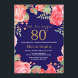 Floral Surprise 80th Birthday Gold Glitter Blue Kaart<br><div class="desc">Red Floral Surprise 80th Birthday Invitation for Women. Waterverf botanische bloem. Gold Glitter. Roze pinda's Floral Flowers. Volwassen verjaardag. Navy Blue Background Voor verdere aanpassing,  te klikken gelieve de knoop "van de Aanpassing het"en ons ontwerphulpmiddel te gebruiken om deze sjabloon te wijzigen.</div>