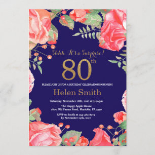 Floral Surprise 80th Birthday Gold Glitter Blue Kaart