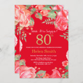 Floral Surprise 80th Birthday Gold Glitter en Red Kaart (Voorkant / Achterkant)
