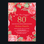 Floral Surprise 80th Birthday Gold Glitter en Red Kaart<br><div class="desc">Red Floral Surprise 80th Birthday Invitation for Women. Waterverf botanische bloem. Gold Glitter. Roze pinda's Floral Flowers. Volwassen verjaardag. Rode achtergrond. Voor verdere aanpassing,  te klikken gelieve de knoop "van de Aanpassing het"en ons ontwerphulpmiddel te gebruiken om deze sjabloon te wijzigen.</div>