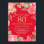 Floral Surprise 80th Birthday Gold Glitter en Red Kaart<br><div class="desc">Red Floral Surprise 80th Birthday Invitation for Women. Waterverf botanische bloem. Gold Glitter. Roze pinda's Floral Flowers. Volwassen verjaardag. Rode achtergrond. Voor verdere aanpassing,  te klikken gelieve de knoop "van de Aanpassing het"en ons ontwerphulpmiddel te gebruiken om deze sjabloon te wijzigen.</div>
