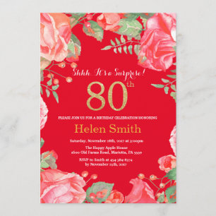 Floral Surprise 80th Birthday Gold Glitter en Red Kaart
