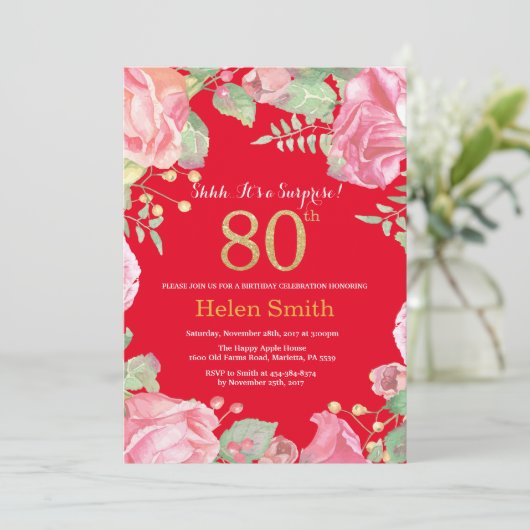 Floral Surprise 80th Birthday Gold Glitter en Red Kaart (Staand voorkant)