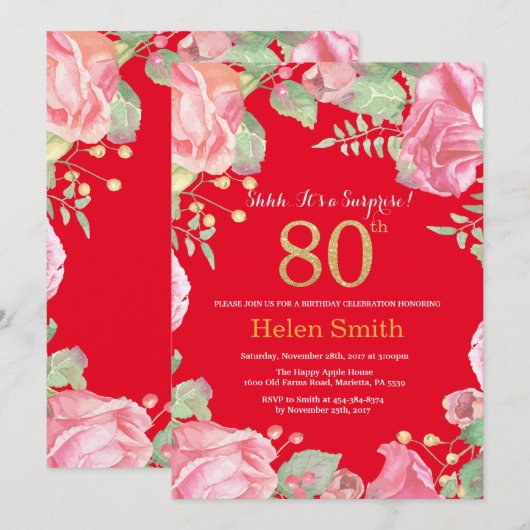 Floral Surprise 80th Birthday Gold Glitter en Red Kaart (Voorkant / Achterkant)