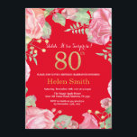 Floral Surprise 80th Birthday Gold Glitter en Red Kaart<br><div class="desc">Floral Surprise 80th Birthday Invitation for Women. Waterverf botanische bloem. Gold Glitter. Roze pinda's Floral Flowers. Volwassen verjaardag. Rode achtergrond. Voor verdere aanpassing,  te klikken gelieve de knoop "van de Aanpassing het"en ons ontwerphulpmiddel te gebruiken om deze sjabloon te wijzigen.</div>