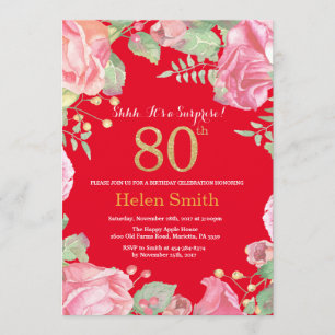 Floral Surprise 80th Birthday Gold Glitter en Red Kaart