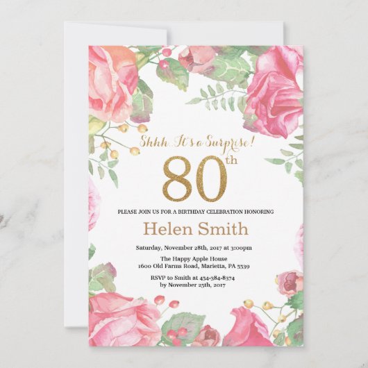 Floral Surprise 80th Birthday Gold Glitter Kaart (Voorkant)