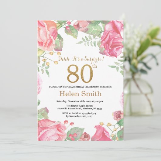 Floral Surprise 80th Birthday Gold Glitter Kaart (Staand voorkant)