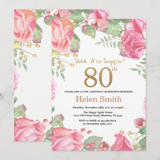 Floral Surprise 80th Birthday Gold Glitter Kaart (Voorkant / Achterkant)