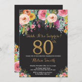 Floral Surprise 80th Birthday Invitation Gold Kaart (Voorkant / Achterkant)