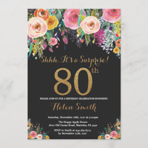 Floral Surprise 80th Birthday Invitation Gold Kaart