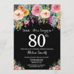 Floral Surprise 80th Birthday Invitation Kaart<br><div class="desc">Floral Surprise 80th Birthday Invitation for Women. Waterverf Floral Flower. Zwarte achtergrond. Roze, geel, Oranje, Paars ventilator. Volwassen verjaardag. 13e 15e 16e 18e 21e 30e 40e 50e 60e 70e 90e 100e, Alle leeftijden. Voor verdere aanpassing, te klikken gelieve de knoop "van de Aanpassing het"en ons ontwerphulpmiddel te gebruiken om deze...</div>