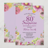 Floral Surprise 80th Birthday Invitation Paars Kaart (Voorkant / Achterkant)