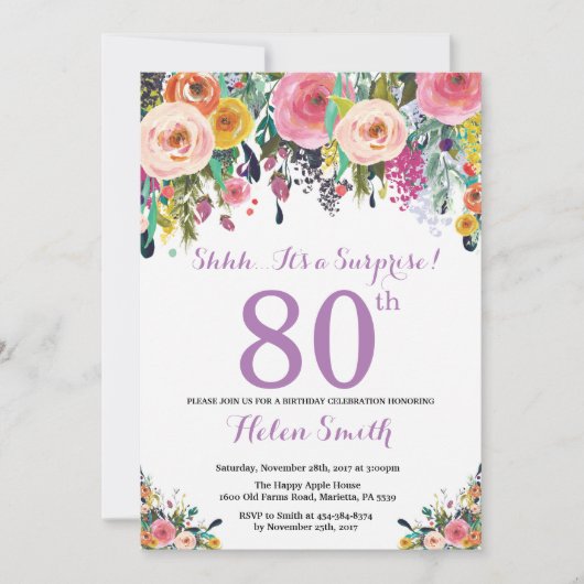 Floral Surprise 80th Birthday Invitation Paars Kaart (Voorkant)