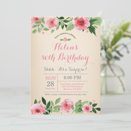 Floral Surprise 80th Birthday Invitation roze Kaart (Staand voorkant)