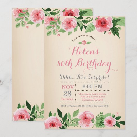 Floral Surprise 80th Birthday Invitation roze Kaart (Voorkant / Achterkant)