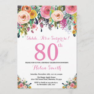 Floral Surprise 80th Birthday Invitation roze Kaart