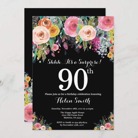 Floral Surprise 90ste verjaardag uitnodiging (Voorkant / Achterkant)