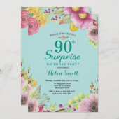 Floral Surprise 90ste verjaardagsuitnodiging Blauw Kaart (Voorkant / Achterkant)