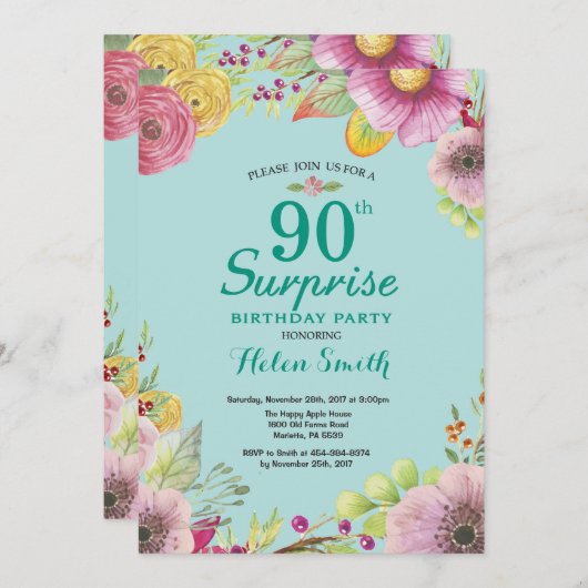 Floral Surprise 90ste verjaardagsuitnodiging Blauw Kaart (Voorkant / Achterkant)