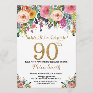 Floral Surprise 90th Birthday Invitation Gold Kaart