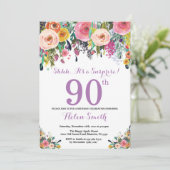 Floral Surprise 90th Birthday Invitation Paars Kaart (Staand voorkant)