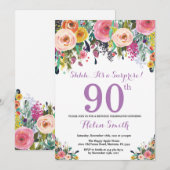 Floral Surprise 90th Birthday Invitation Paars Kaart (Voorkant / Achterkant)