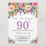 Floral Surprise 90th Birthday Invitation Paars Kaart<br><div class="desc">Floral Surprise 90th Birthday Invitation for Women. Waterverf bloem. Roze, geel, Oranje, Paars ventilator. Volwassen verjaardag. 30e 40e 50e 60e 70e 90e 100e 13e 15e 16e 18e 20e 21e elke leeftijd. Voor verdere aanpassing, te klikken gelieve de knoop "van de Aanpassing het"en ons ontwerphulpmiddel te gebruiken om deze sjabloon te...</div>