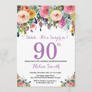 Floral Surprise 90th Birthday Invitation Paars Kaart